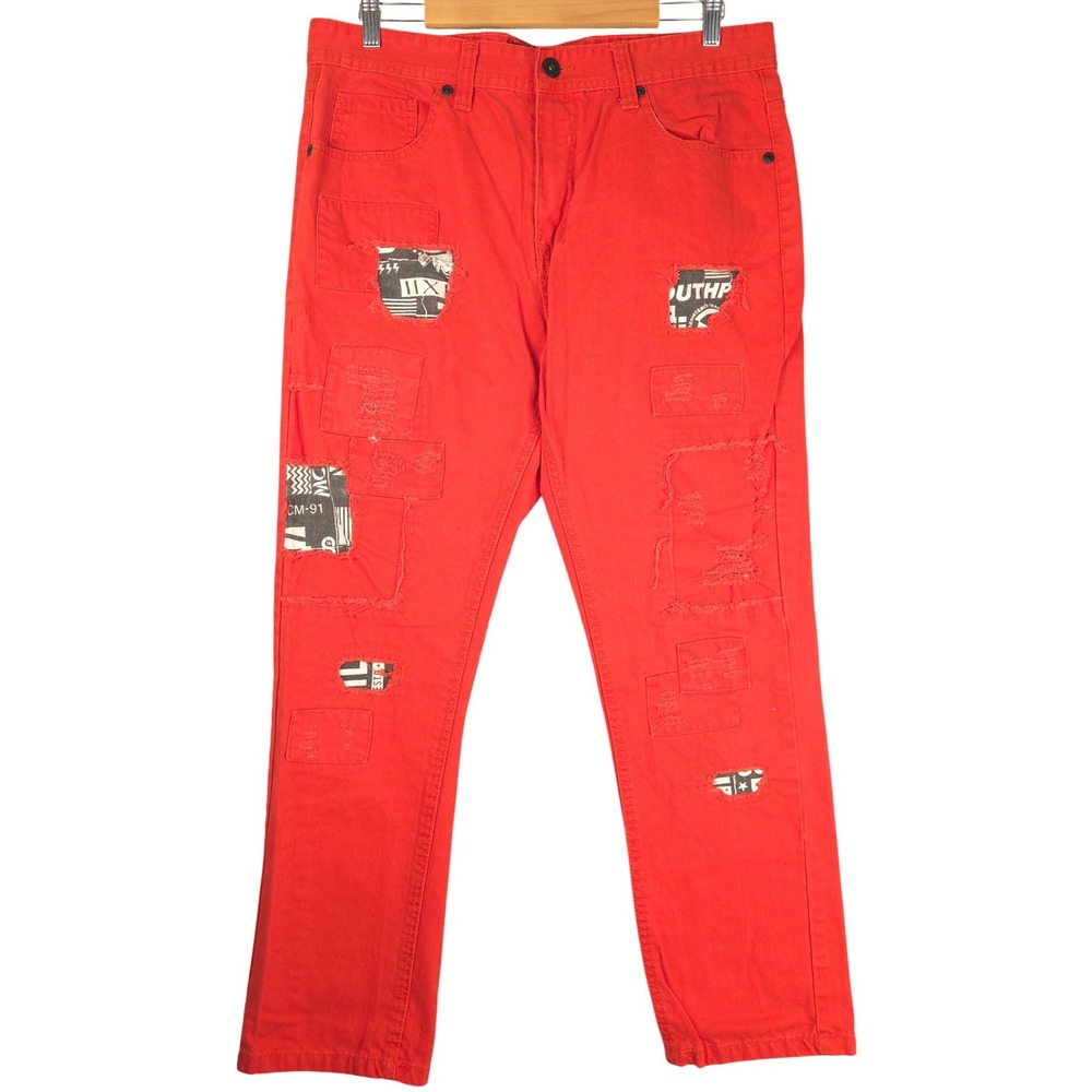 Southpole Mens Red Distressed‎ Patchwork Denim Jeans Straight 36x30 (Fits 36x28)